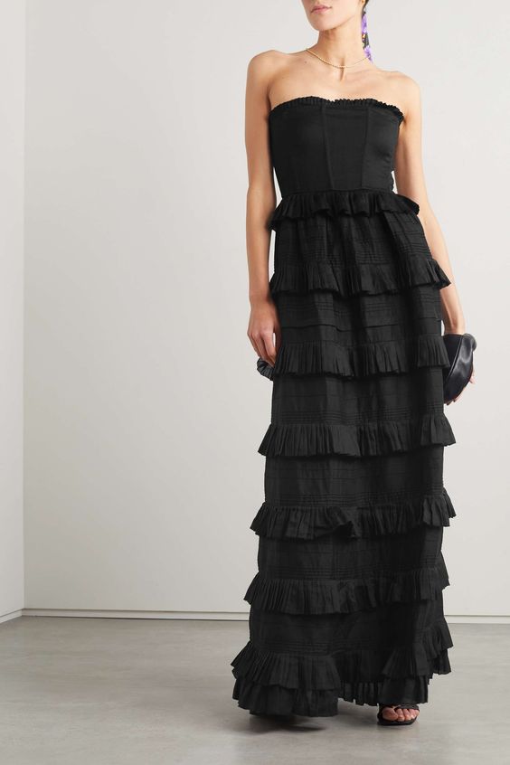 Black Ruffled Strapless Maxi Dress